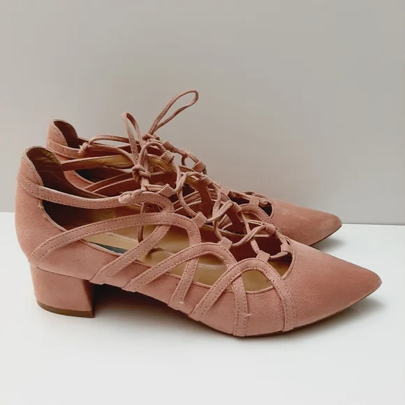 Design Lab by LORD & TAYLOR Sarie Lace-Up Pointy Toe Heels Vegan Suede Pink Sz 8 - Picture 6 of 16